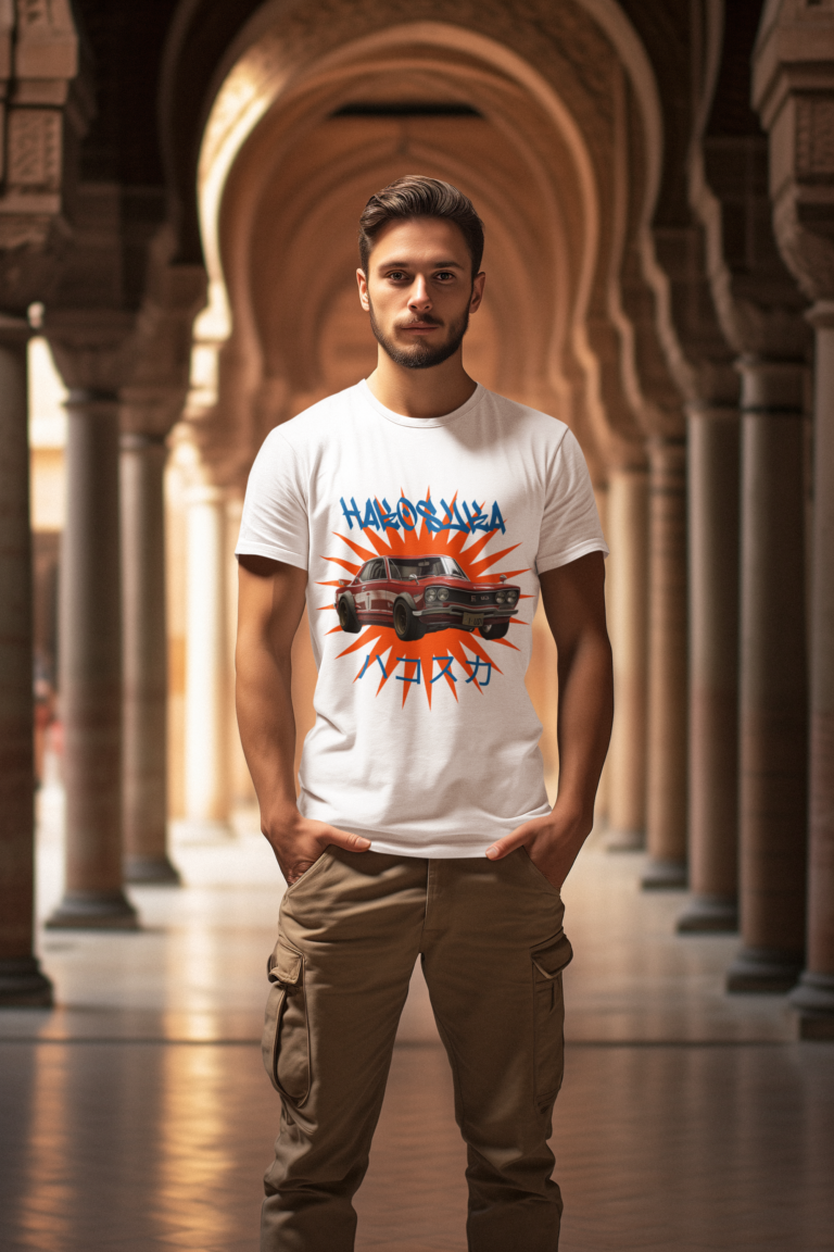 tee shirt Orange burst behind Nissan Skyline Hakosuka in dynamic pose, showcasing classic car design.