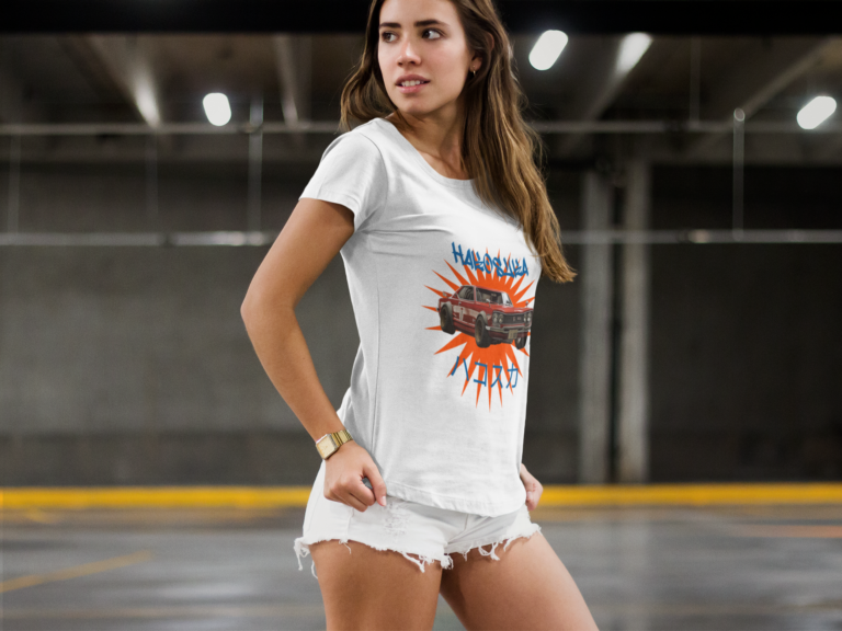 Woman in shorts featuring a Nissan Skyline Hakosuka design, posing elegantly