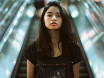 A T-shirt featuring a dark-themed anime female character with the words 'Noir Power' prominently displayed. The design is bold and eye-catching, blending the allure of anime art with an empowering message. Ideal for anime fans and those who embrace their inner strength and unique style